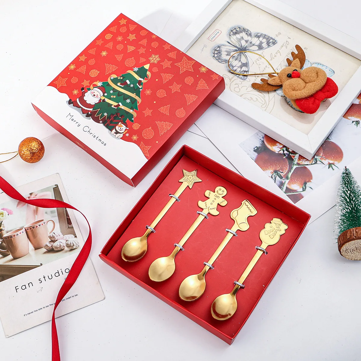 

Christmas Cutlery Set Stainless Steel Tableware Set Dessert Spoon Fork Delicate Dinnerware With Box Portable Eve Navidad Gift