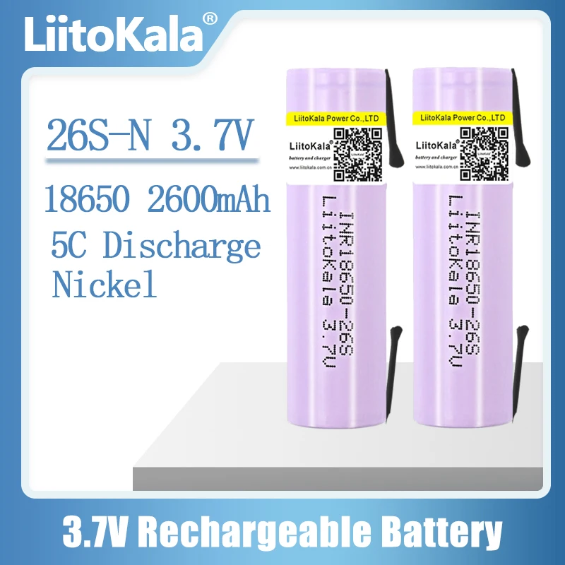 Liitokala 26S 18650 2600Mah Batteria Ricaricabile Batteria Inr18650-26S 20A Batteria Agli Ioni Di Litio A Scarica Batteria A Celle 15A + Nichel Fai Da