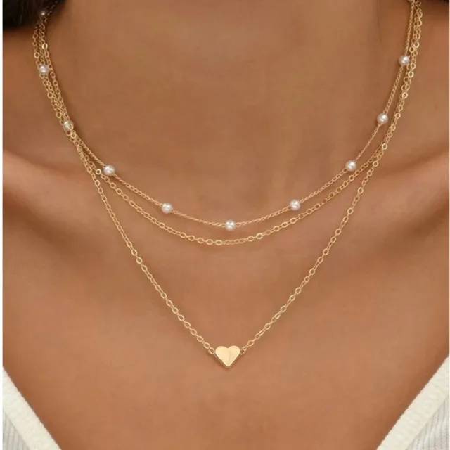 FTCY 3pcs Women\'s Pearl Necklace Set 14K Gold Fashion Love Heart Pendant Waterproof Hypoallergenic Collarbone Neck Chain Jewelry 1