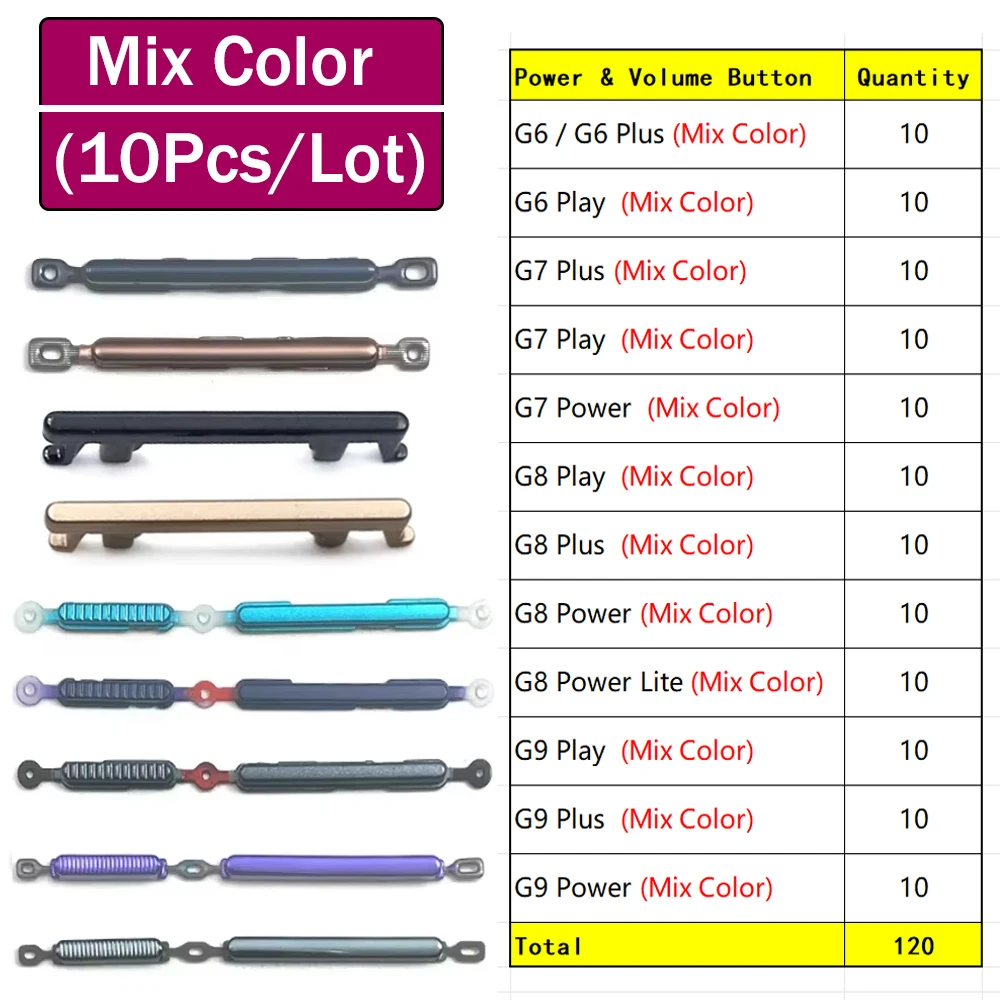 10Pcs, 전원 버튼 + 볼륨 측면 버튼 키 모토로라 모토 G6 G7 G8 G9 플러..