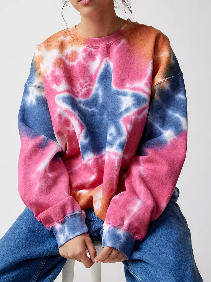 

Women Oversized Sweatshirts Y2K Tie-Dye Stars Print Long Sleeve Crew Neck Pullovers Tops Fall Winter Casual Coat Vintage Street