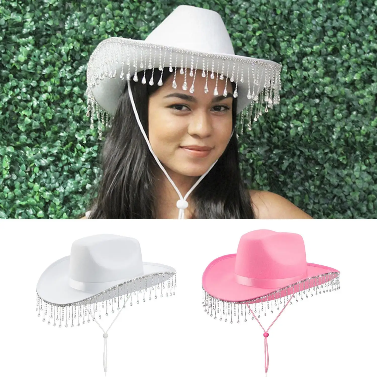New Bride White Cowboy Luxury Tassel Felt Hat Rhinestone Wedding Vintage Cowgirl Hat Party Bridal Shower Decoration Gifts
