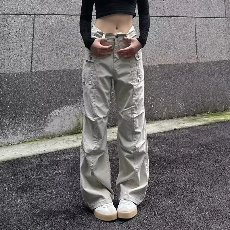 Multi-Pocket Casual Pants Female Straight Cargo Trousers Spring Summer Versatile Solid Color Pants Trendy High Street Trousers