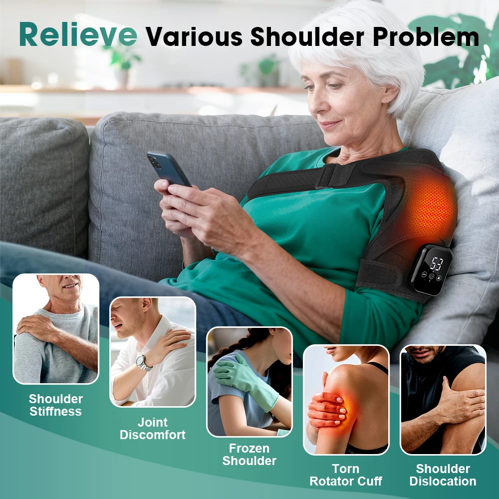 New Heated Shoulder Brace Belt Cordless Heating Vibration Shoulder Massager Support Strap For Arthritis Relief Muscle Relaxation