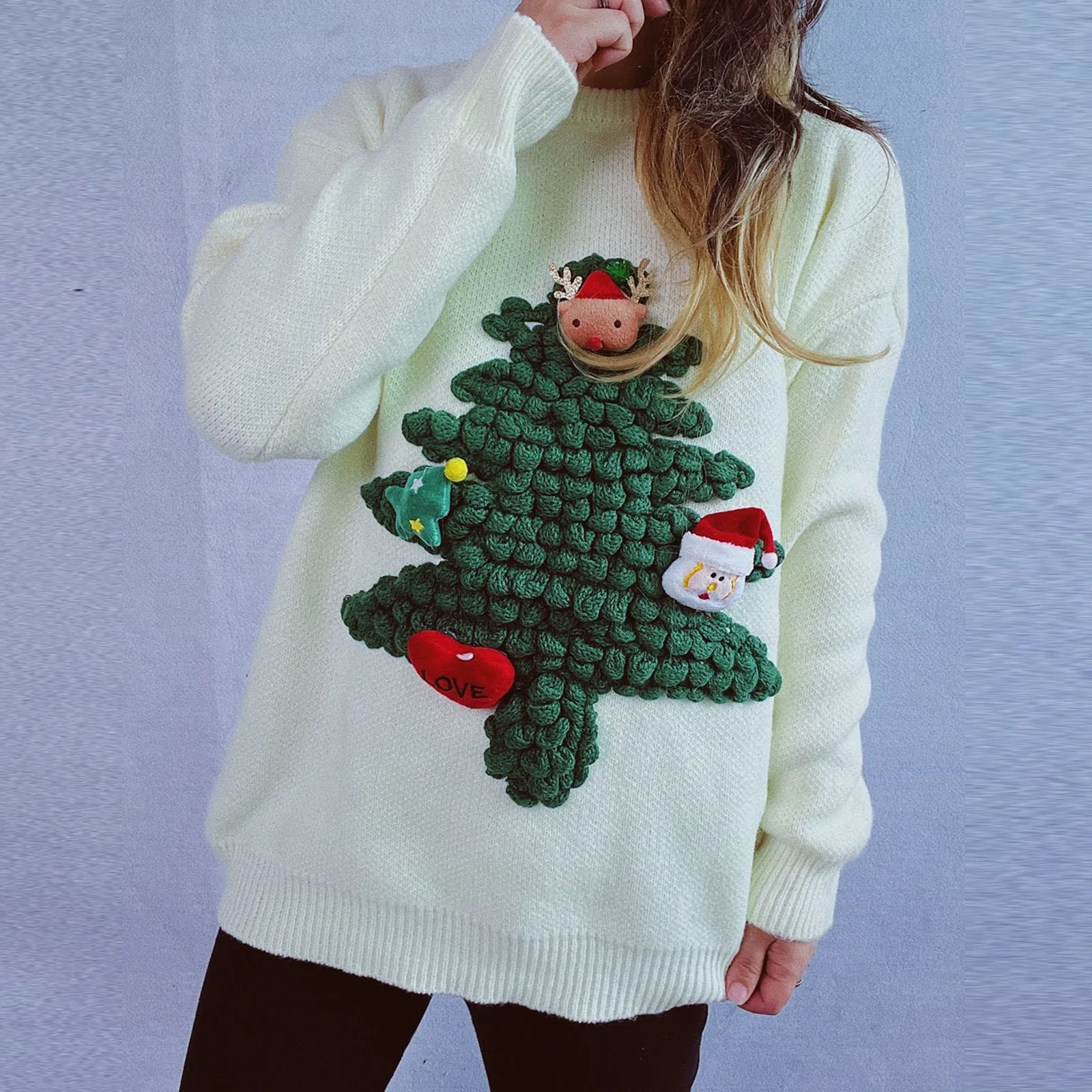 thumbnail image 1 of Nuevo Producto Otoño/Invierno Suéter Rojo Flocado 3D Estilo Americano Suéter Navideño Holgado Suéter Navideño de Año Nuevo para Mujer, 1 of 4