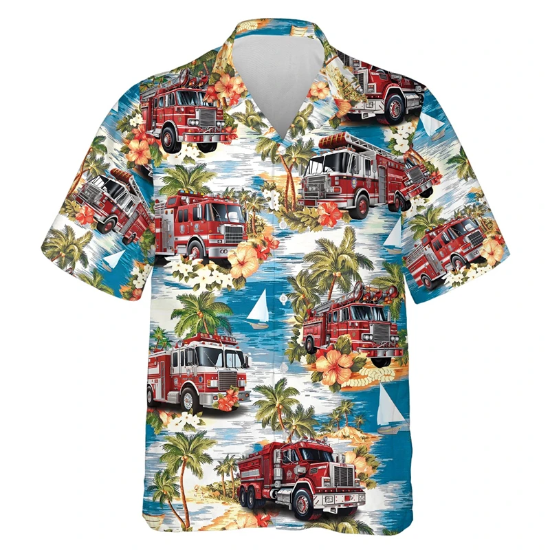 Fashion Firefighter Graphic Short Sleeve Shirts For Men Clothes Hero Profession Streetwear Blouses Fire Truck Lapel Blouse Tops