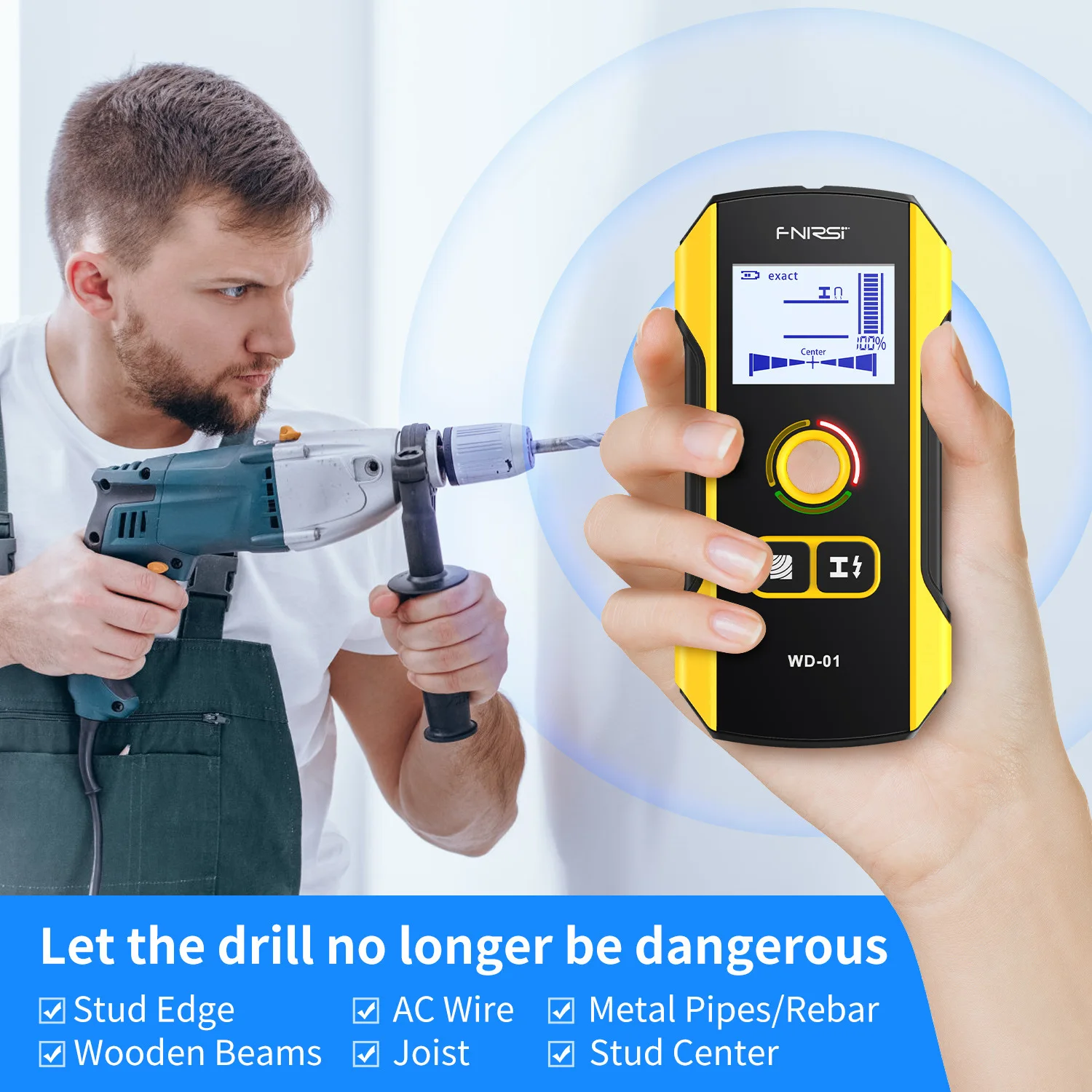 FNIRSI WD-01 WD-02 Metal Detector Wall Scanner with Newly Designed Positioning Hole for AC Live Cable Wires Metal Wood Stud Find 6