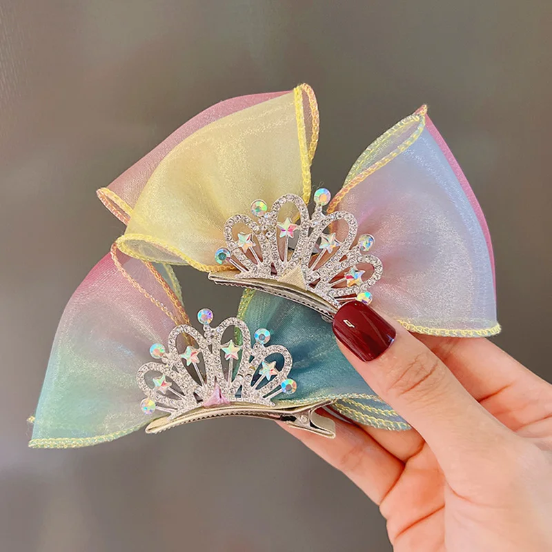 Hair Accessories Pastel Rainbow Hair Bows Gradient Color Princess Crown Hair Clips Standing Bowknot Hairpin Kids Barrette Korean