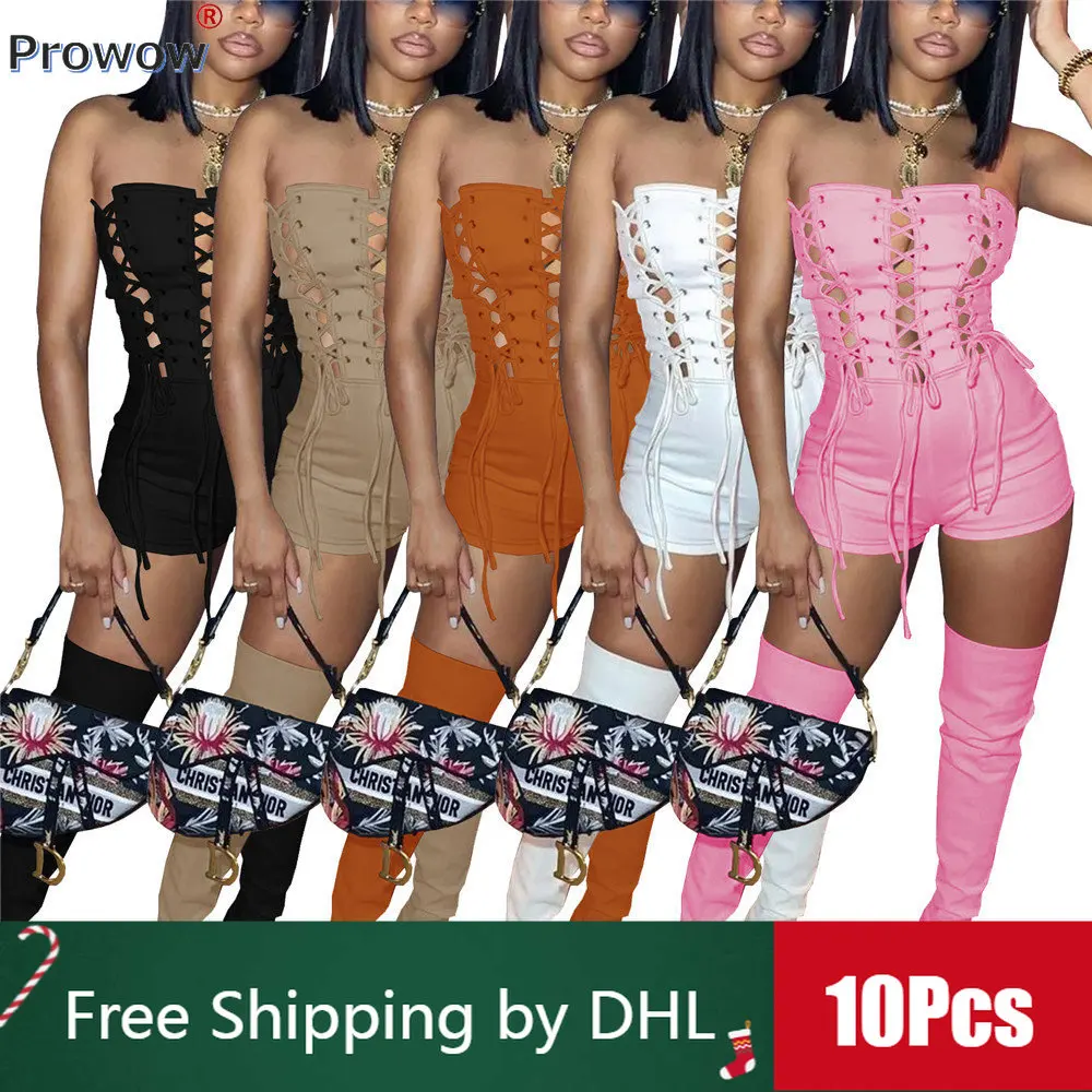 

10Pcs Bulk Bodysuit Women Sexy Lace-up Hollowed Out Jumpsuit 2023 Summer Casual Sleeveless Playsuit Solid Rompers Wholesale 9305