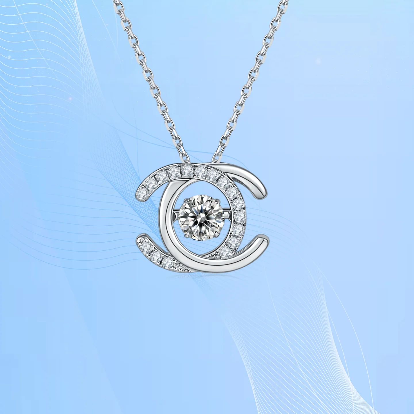 KNRIQUEN Double C Moissanite Pendant Necklace D Color 925 Sterling Silver 18K White Gold Plated Whit GRA Certificate
