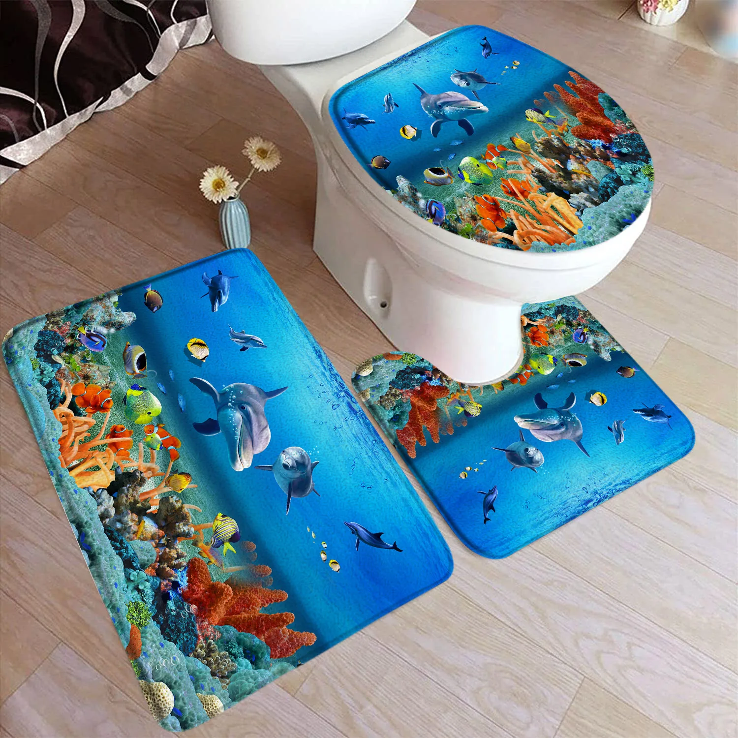 Dolphin Bath Mat Set Ocean Tropical Fish Coral Underwater Cave Nature Scenery Home Carpet Bathroom Decor Floor Rugs Toilet Cover