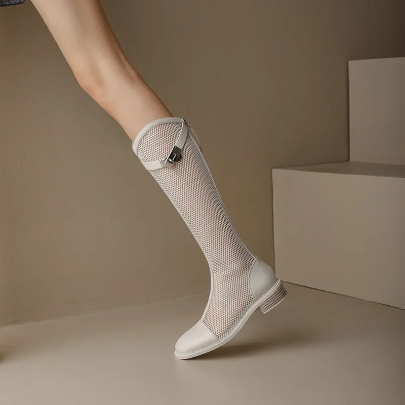 

Женские сапоги до колена во французском стиле, сетчатые дышащие сапоги в стиле ретро на толстом каблуке, весна-лето 2024