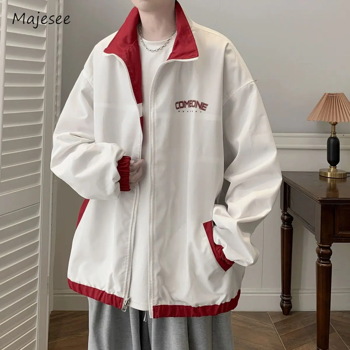 

Мужские куртки со вставками, свободные Молодежные спортивные двусторонние куртки с отложным воротником для подростков