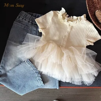Baby Girl Princess Ribbed Tutu Tshirt Infant Toddler Child Sweatshirt Short Sleeve Summer Casual Top Outfit Baby Clothes 1-10Y