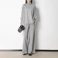 Women's 100% Wool Knitted Sweater Set Lady Fashion High Neck Soft Warm Winter Autumn Tracksuit 1