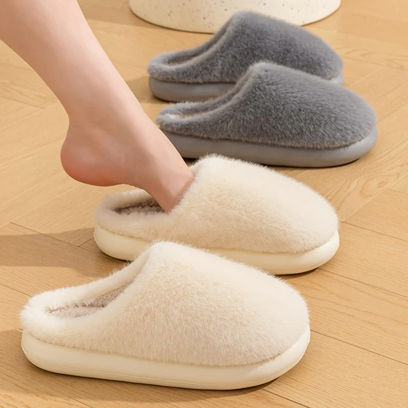 Winter Unisex Concise Solid Color Flat Plush Slippers Non-slip Warm Fluffy Mule Slides For Women Men Home Casual Cotton Shoes 5