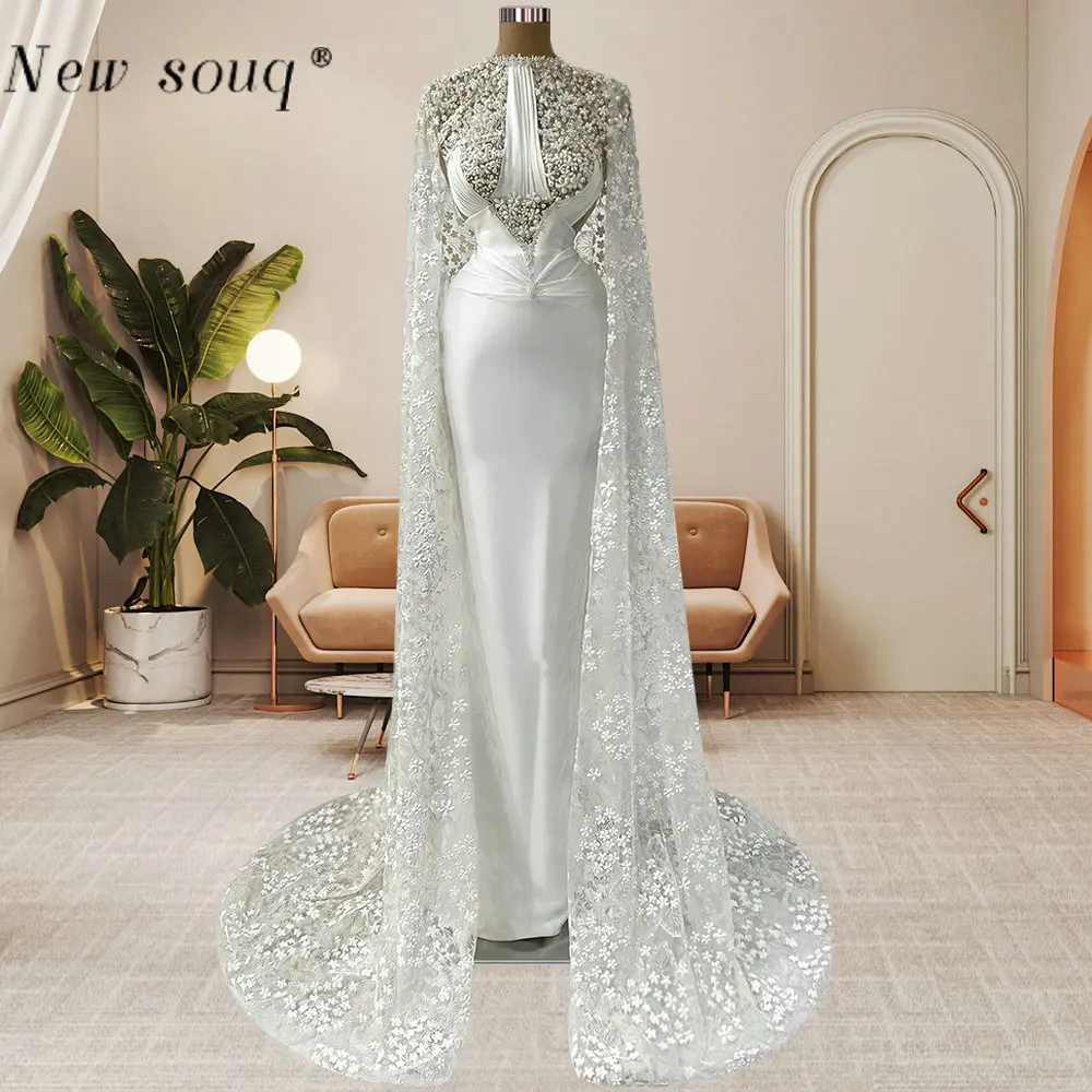 

Arabic Classy Muslim Satin Evening Dresses with Lace Long Cape 2023 Pearls Straight Fitted Women Wedding After Party Gowns