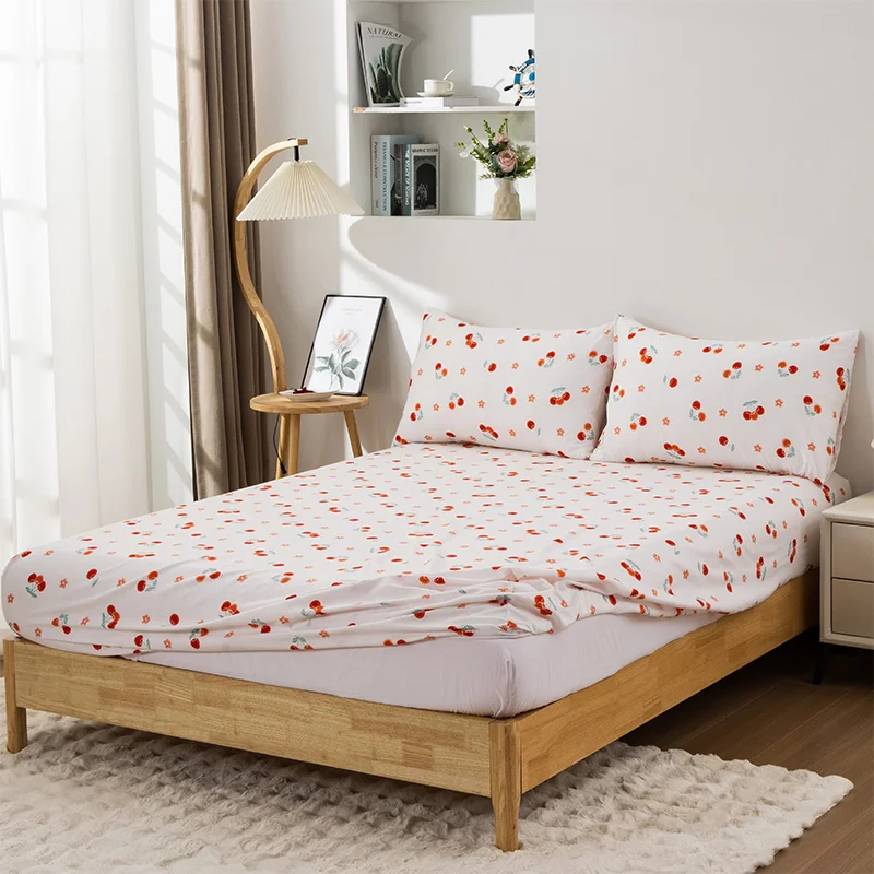 3PC Cherry Little Red Flower Bed Sheet Kawaii Bedding Set 100%Polyester 1Fitted Sheet 2Pillowcase Suitable for adults/children 3