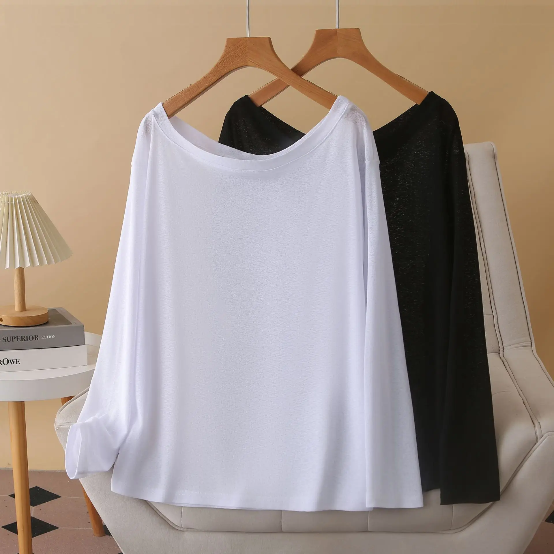 Fashion Plus Size Women's T-Shirt Autumn New Style Off Shoulder Long Sleeve Solid Color Ice Silk Tops 1716