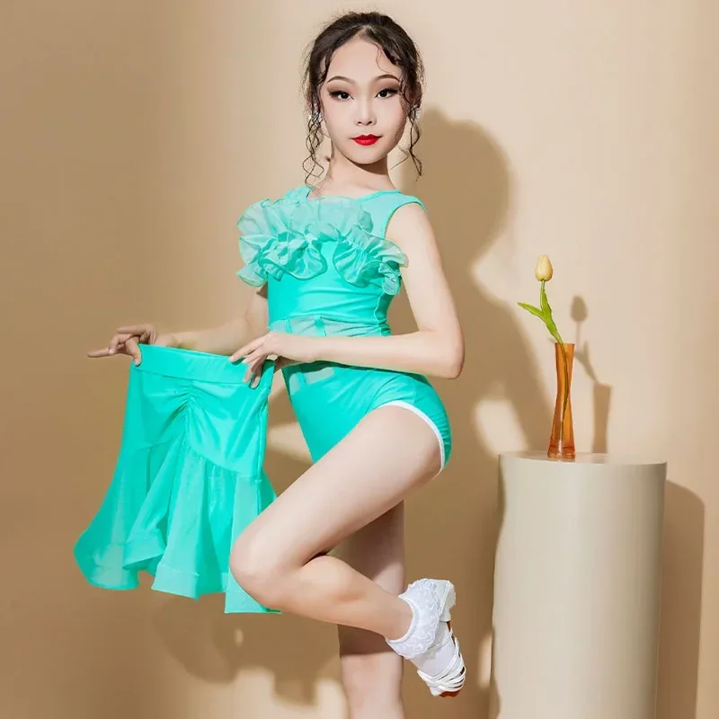 Girls Latin Dance Costumes Spring Summer Children Training Performance Costumes Lace Skirt