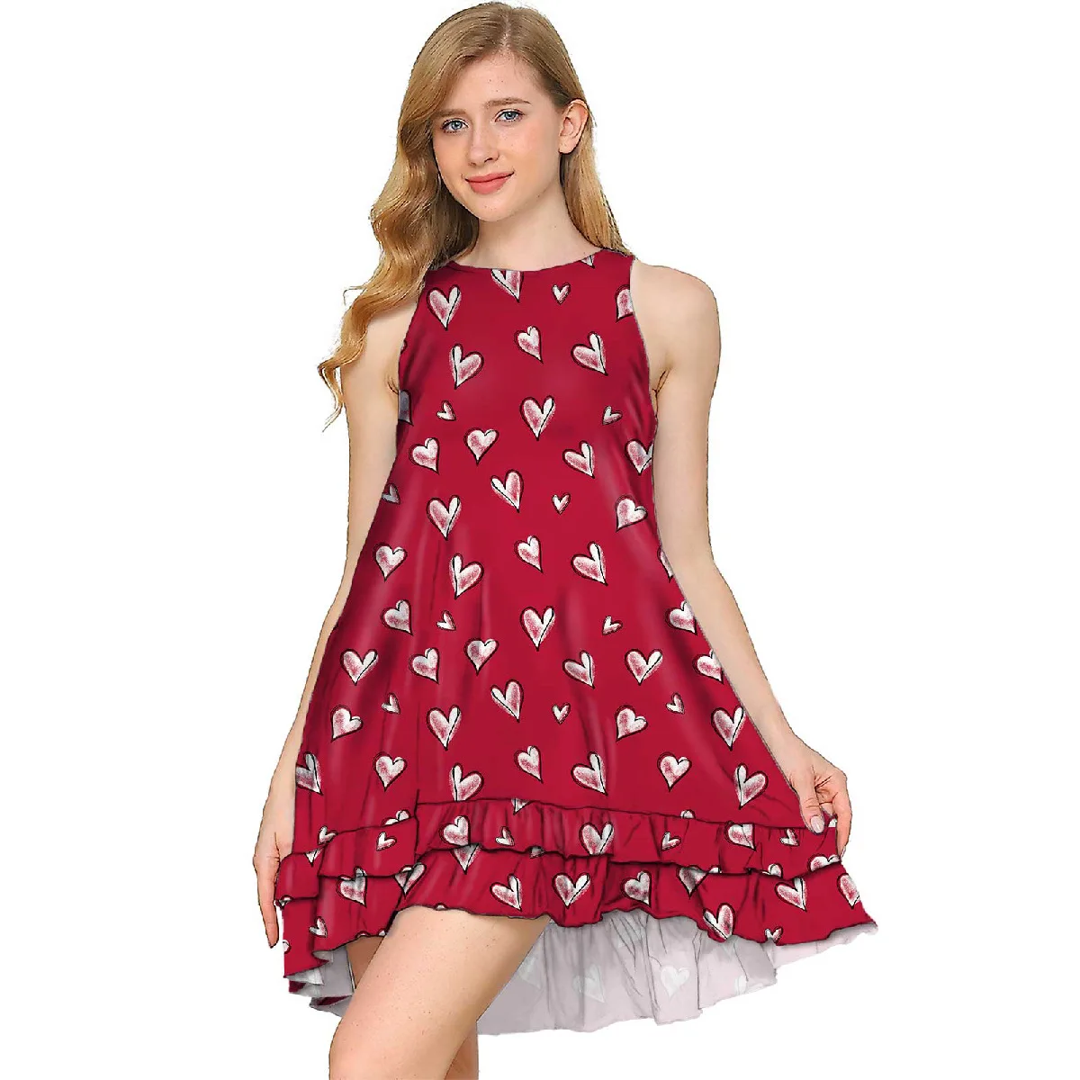 

2024 Summer Fashion Best-selling Women's Round Neck Sleeveless Casual Love Wind Ruffled Pocket Loose Dress
