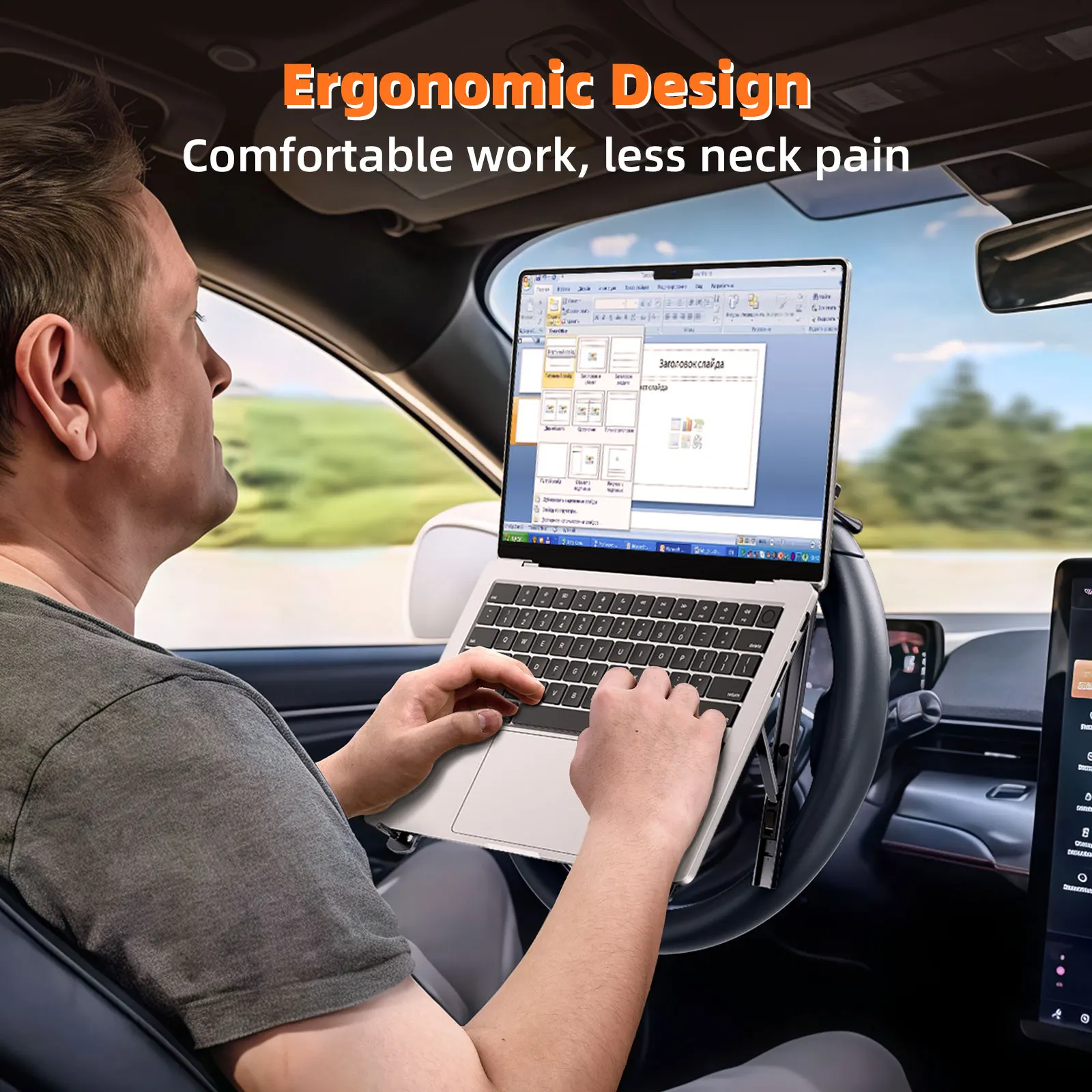 오트스바스프 차량용 스티어링 휠 노트북 거치대, 조절 가능한 차량용 노트북/태블릿 책상, 테슬라용 접이식 휴대용 노트북 거치대