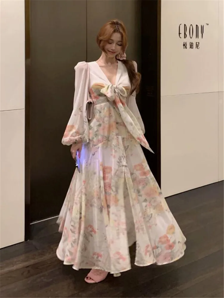 

Summer Holiday Pink White Floral Print Long Dress Sexy Deep V Neck Long Sleeve Split A Line Dress Vacation Beach Fairy Dress