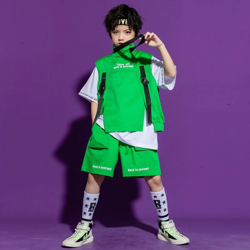 Girls Summer Green Hip Hop Clothes Short Sleeve T Shirt High Neck Vest Cargo Shorts Children Streetwear Jazz Dance Costume 3-16Y