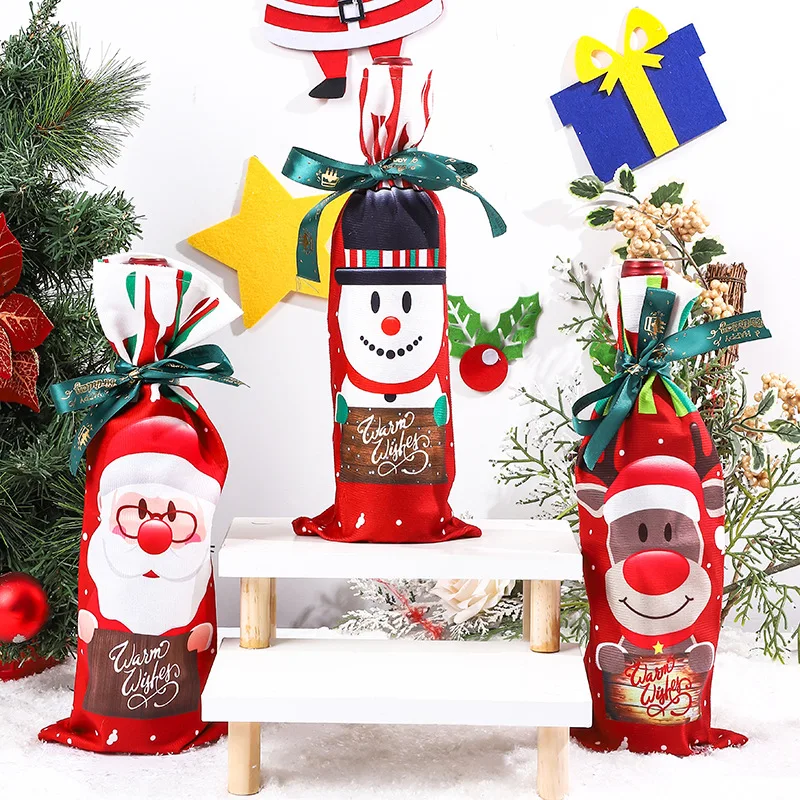 1 Set Christmas Wine Bottle Covers Christmas Decoration Cartoon Printed Wine Bottle Cover Merry Christmas New Year Table Decor