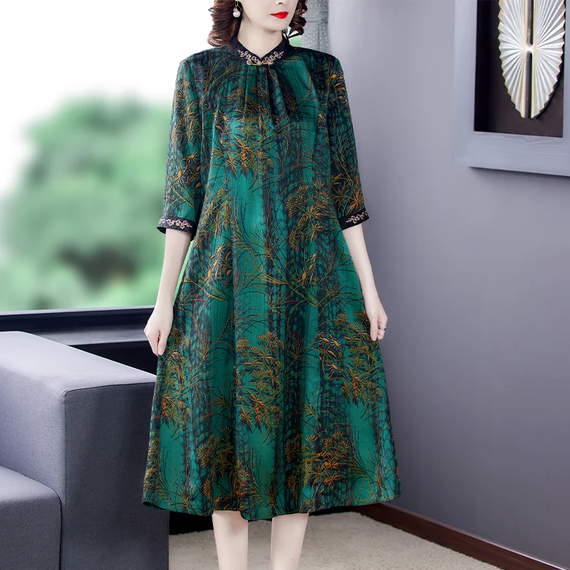 Summer 2023 Green Print Silk Dress Plus size Elegant Bodycon Party Vestidos Boho Vintage Midi Dresses - AliExpress