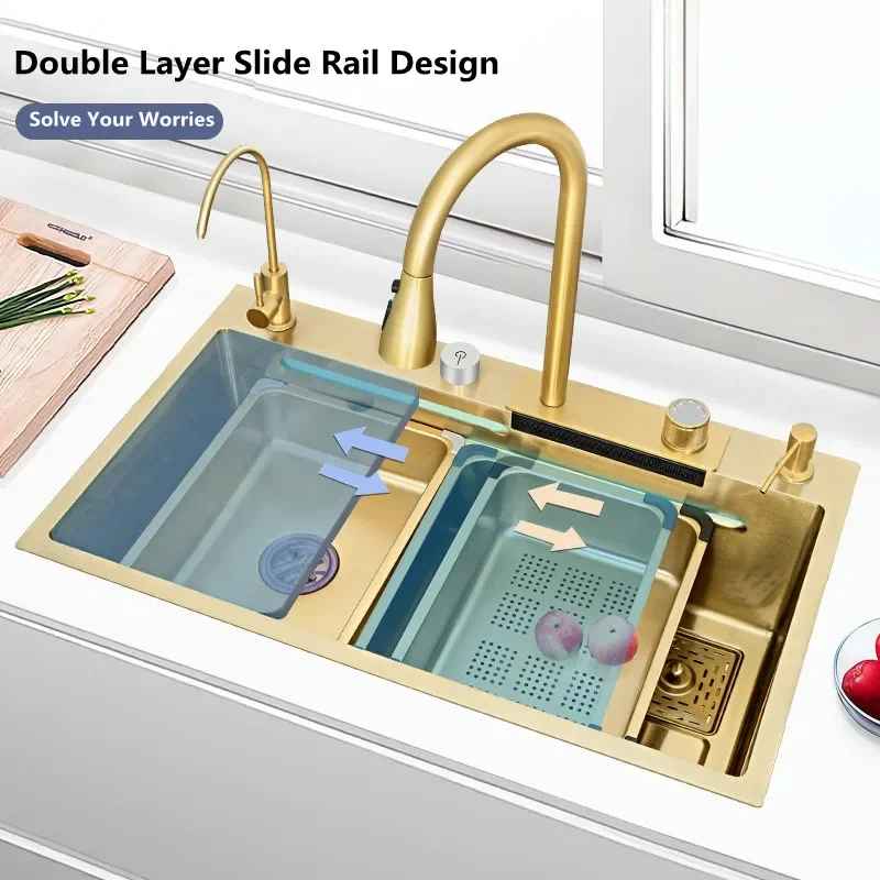 Gold 304 Stainless Steel Kitchen Waterfall Sink,Washing Basin,Large Single Slot Sink Crockery Drainer Gourmet Faucet Kitchen