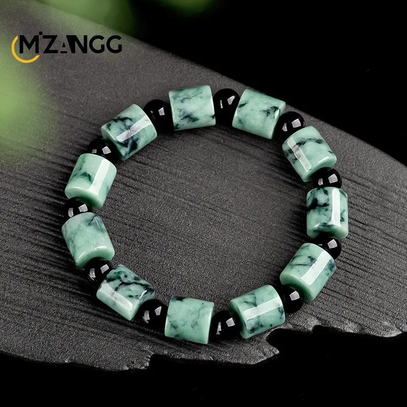 

Natural Myanmar Jadeite Green Floating Flower Road Lutong Bracelet Vintage Ink Style Men's Jade Bead String Custom Jewelry Gift