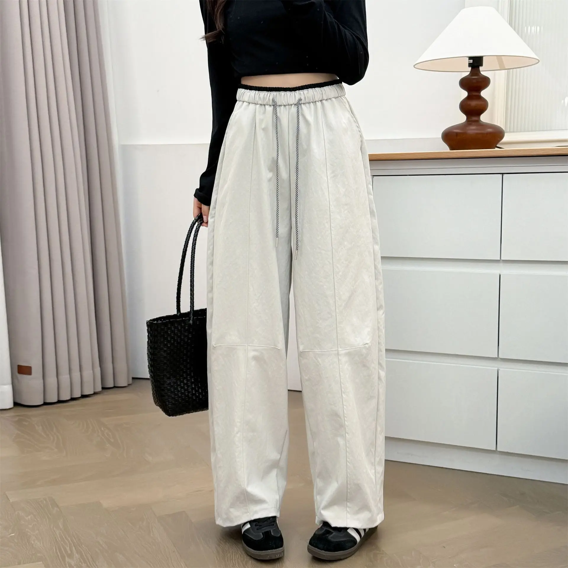 Fashion Plus Size Women's Pants Autumn Of 2025 Drawstring Waist Casual Splice Wide Leg Trousers 2218