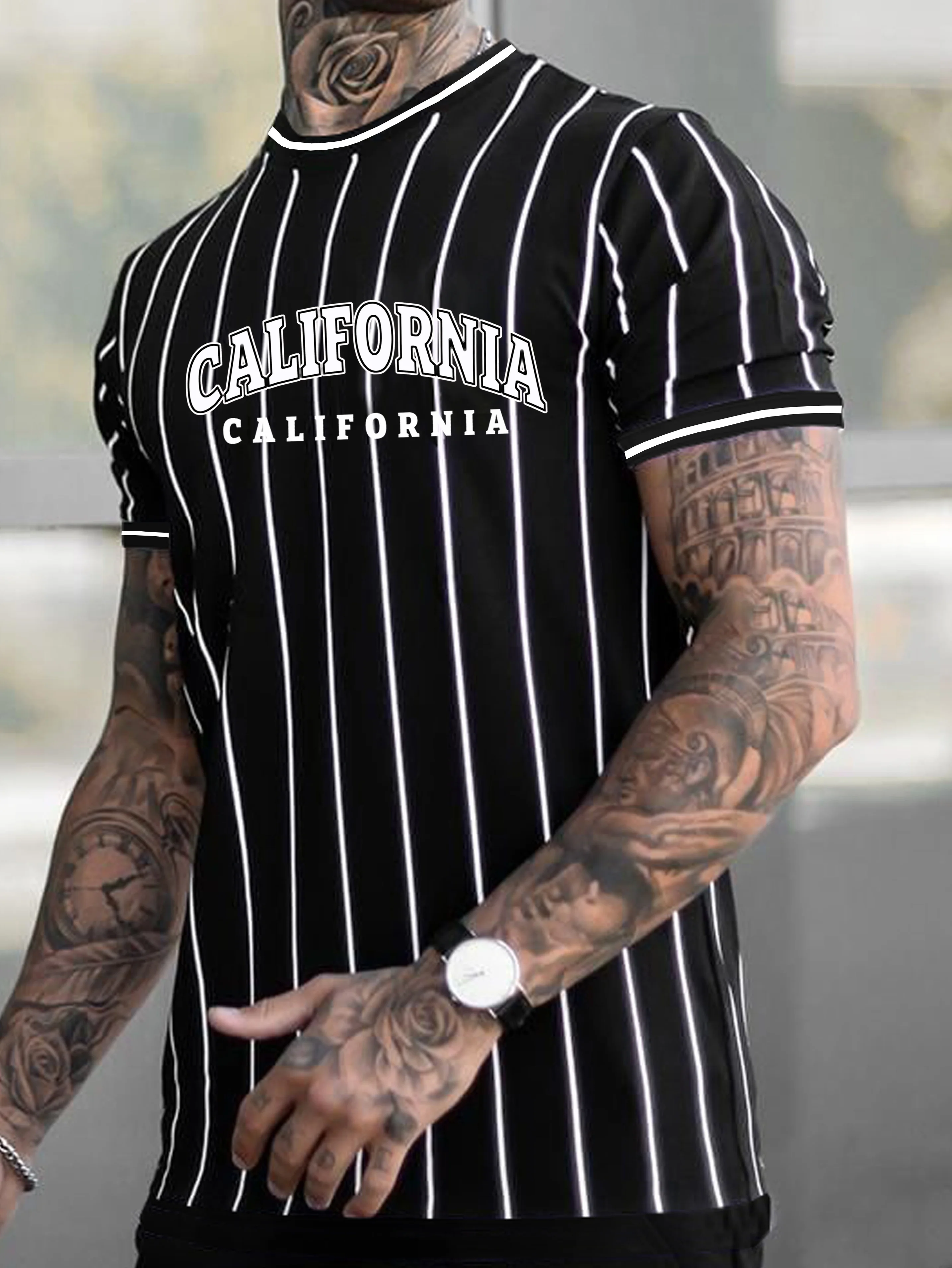 Los Angeles Striped Tshirt for Men Casual Street Tee Shirt Summer O-neck Oversized Beah Tee Business Casual Short Sleeve Tops