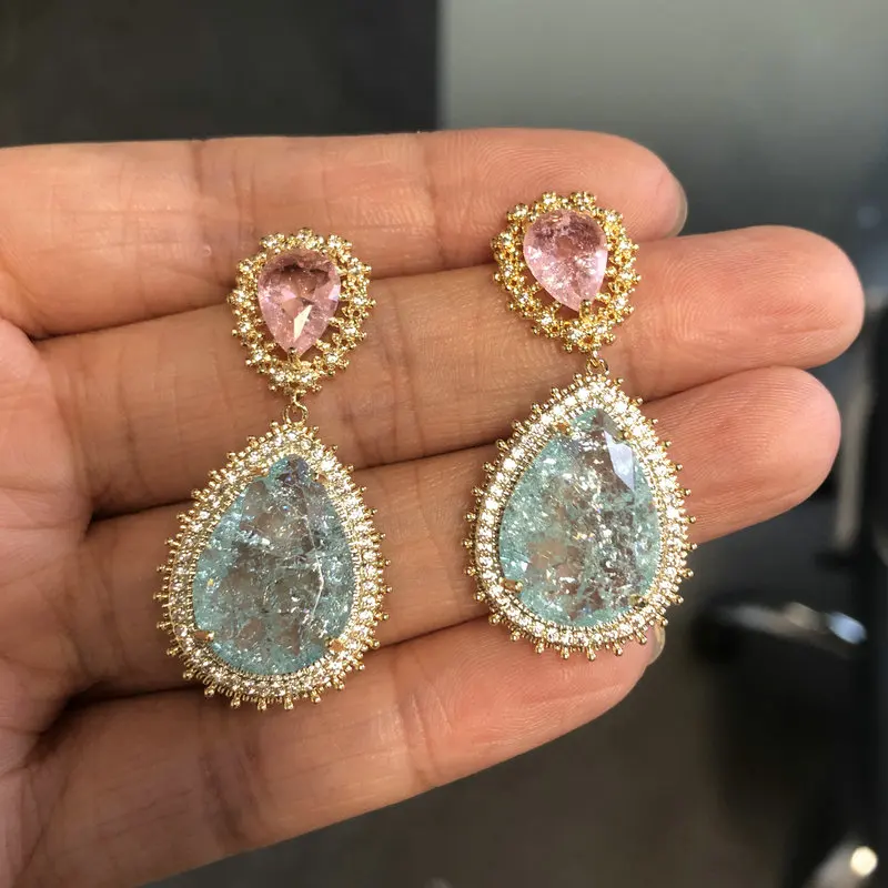 Bilincolor Fashion Ice Broken Cubic Zirconia Pink and Blue Earring