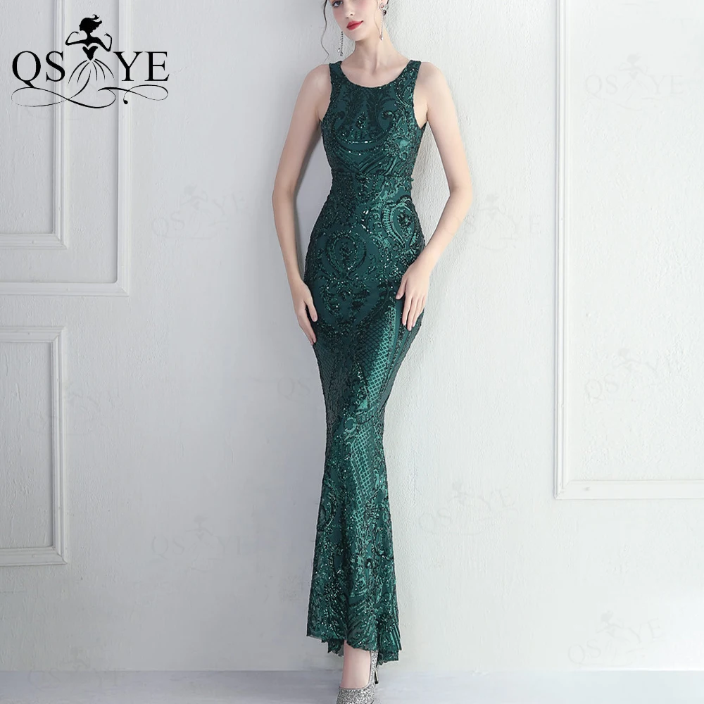 

Sequin Green Prom Dress Pattern Lace Long Evening Gown Dropped Beading Straps Open Low Back Mermaid Emerald Formal Party Gown