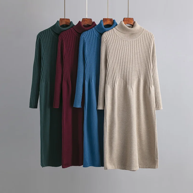 

Winter Thick Warm Knit Elegant Women Sweater Dress Autumn Long Midi Dress Solid Office Ladies A Line Sweater Turtleneck Dresses