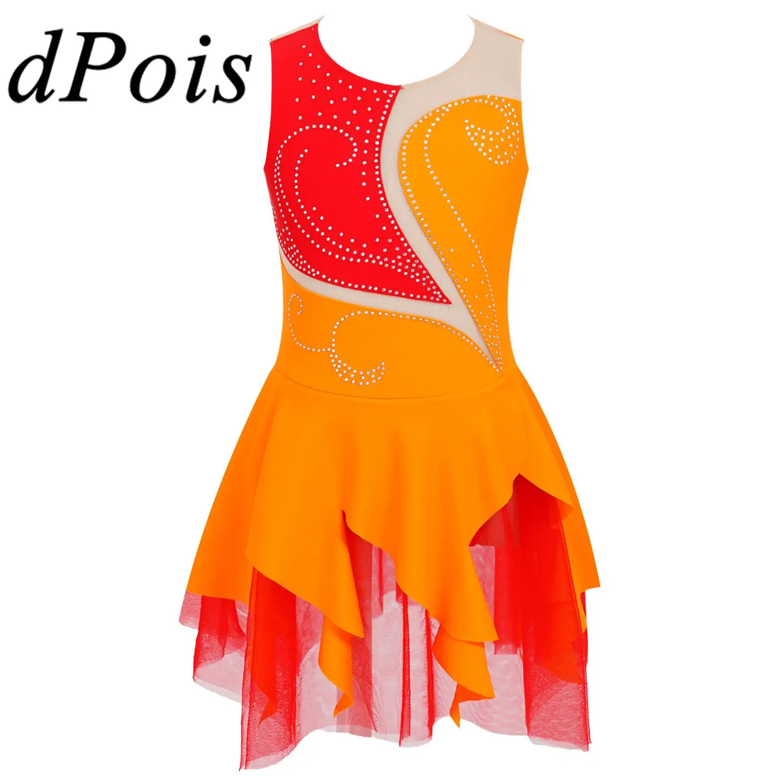 

Kids Girls Sleeveless Rhinestone Ballet Gymnastics Leotard Dress Children Figure Skating Dance Dress for Dancing Competition