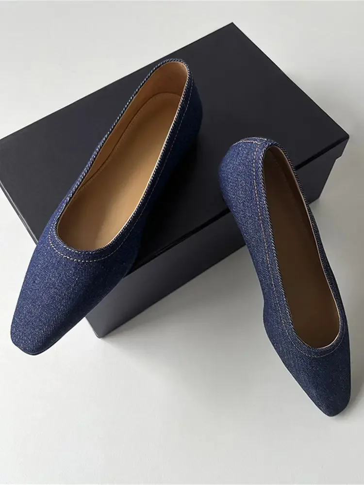 

Women Shoes Denim Square Toe Simple All-Match 2024 New Casual Flat Shoes