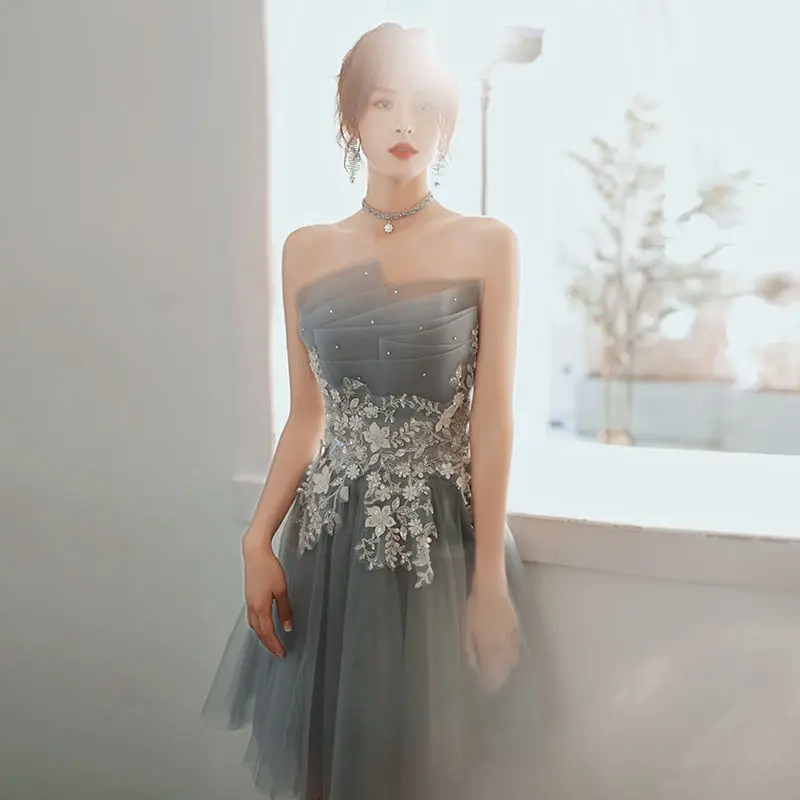 Short grey sweat sleeveless lady girl women bridesmaid dress party evening dress performance gown