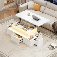 Table basse pliable, avec LED, 4 tiroirs et rangement dissimulé, finition brillante, pour le salon, usage quotidien, MDF – blanc 2