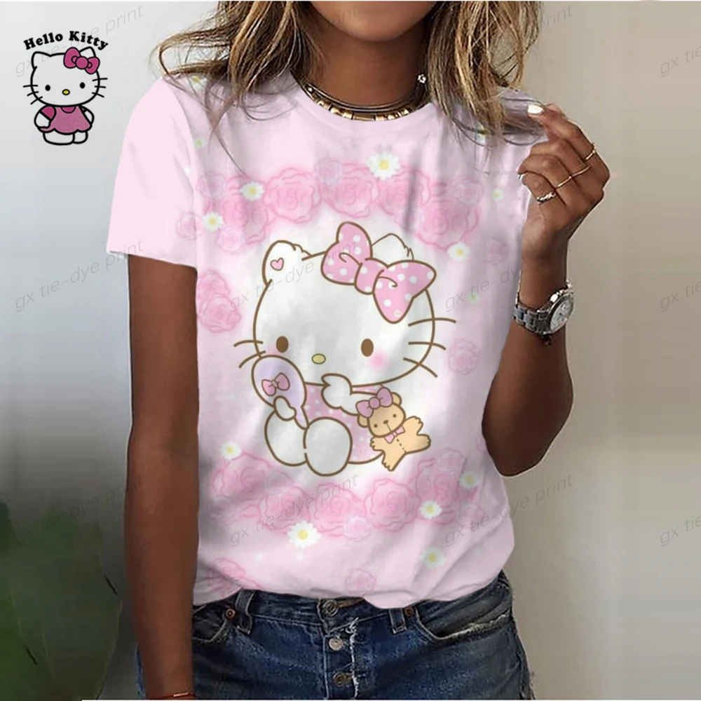 thumbnail image 1 of Camiseta de algodón de Hello Kitty para mujer, camiseta de verano con estampado de dibujos animados y cuello redondo, camisa de manga corta para mujer, chándal, ropa holgada, 1 of 5