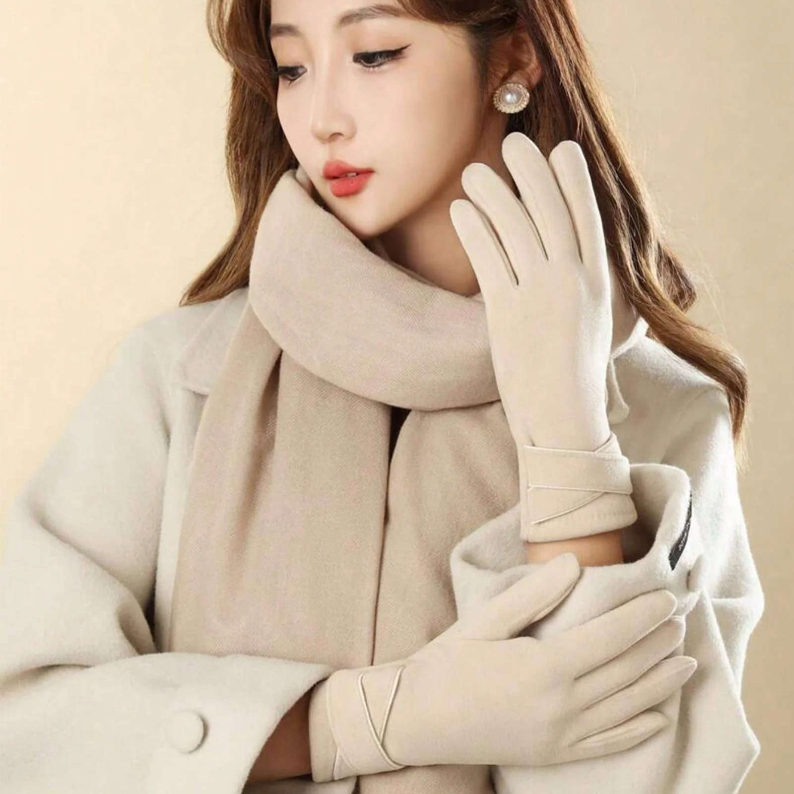 2PCS Beige Suede Gloves&Clutch Set, Stylish Cross-Strap Evening Accessories, Soft Touch Fashion Gloves,Elegant Party Handbag Set