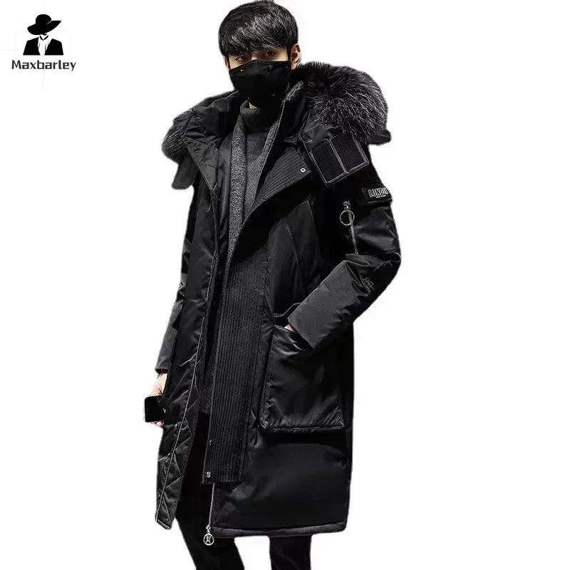 Winter Large Collar Men's Parka Down Jacket Men's Mid Length Thickened Warm White Duck Down And Women's Outerwear