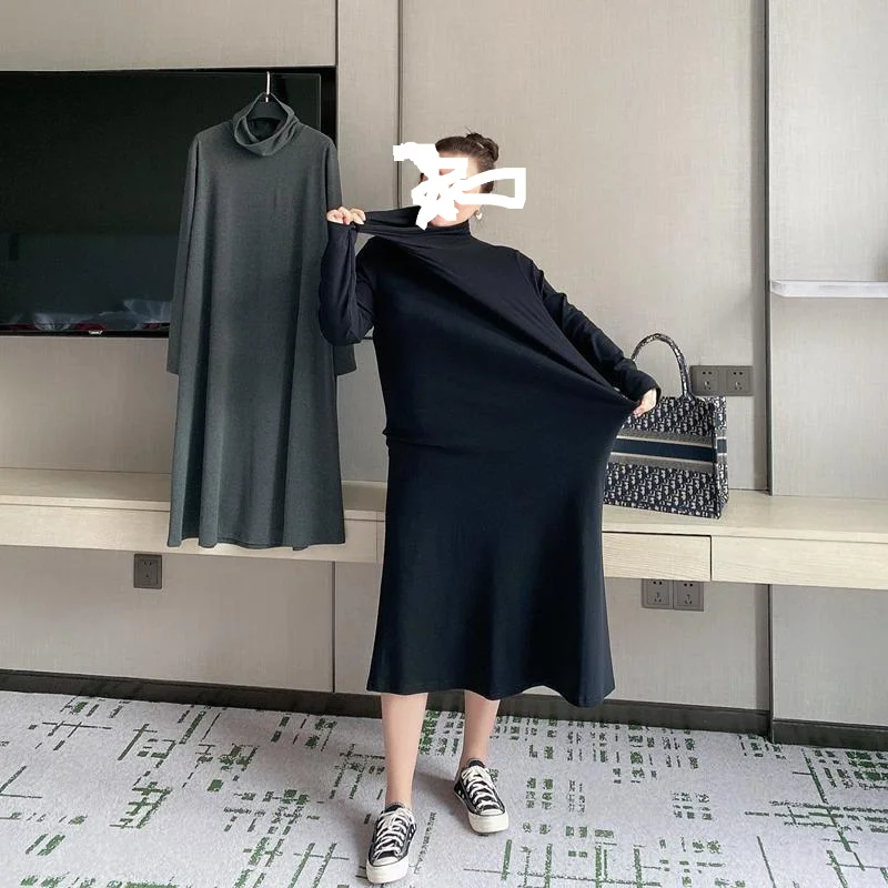 

Plus Size Midi Bottoming Dress Spring Autumn New Long Sleeve Solid Color Loose All-match Dresses Casual Fashion Women Clothing