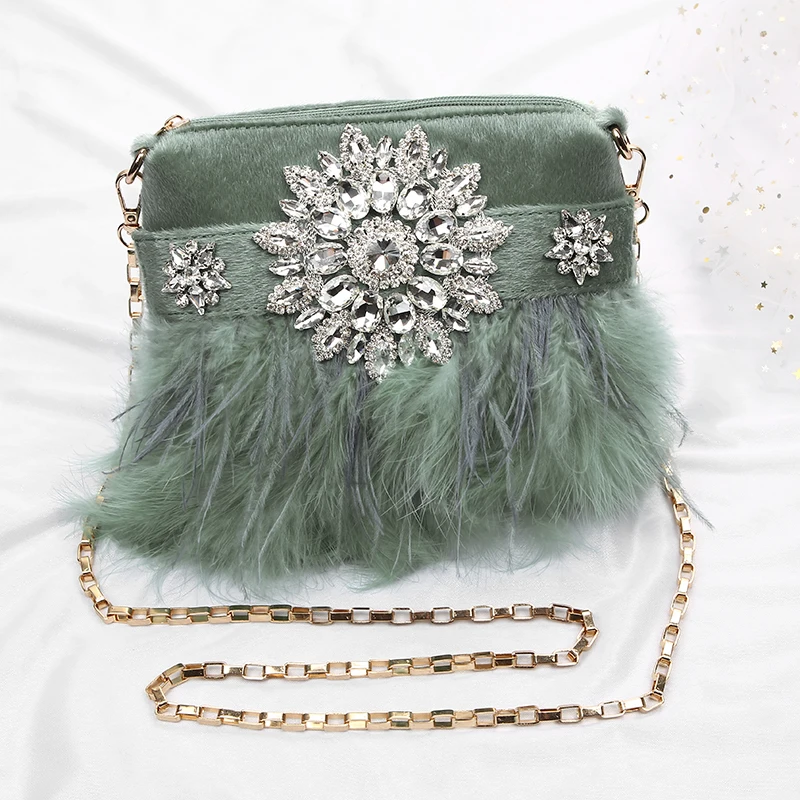 

Luxury Designer Feather Clutch Bag Women Tassel Handbag For Wedding Party Pink Green White Diamond Rhinestone Clutches ZD1296