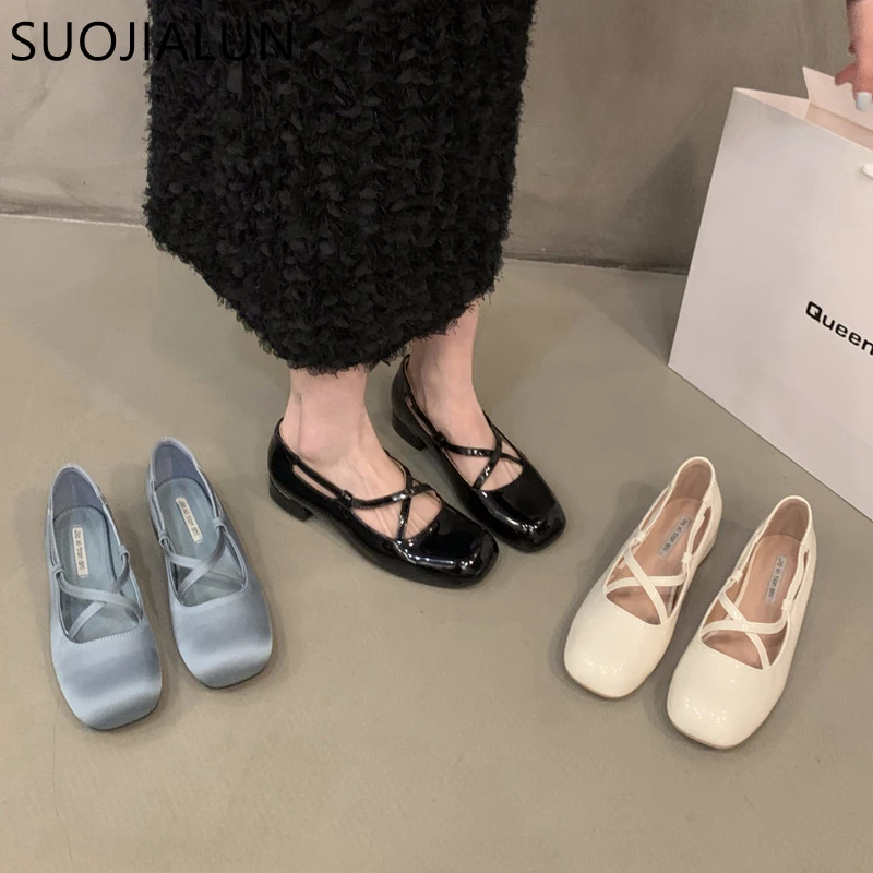 

SUOJIALUN 2023 Autumn Women New Mary Jane Shoes Round Toe Fashion Shllow Slip On Ladies Ballet Shoes Square Low Heel Ballerina