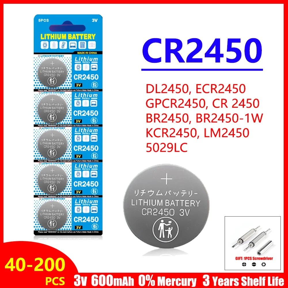 

40-200 шт. CR2450 3 В литиевая батарея DL2450 BR2450 LM2450 KCR5029 для игрушечного автомобильного ключа пульта дистанционного управления для часов