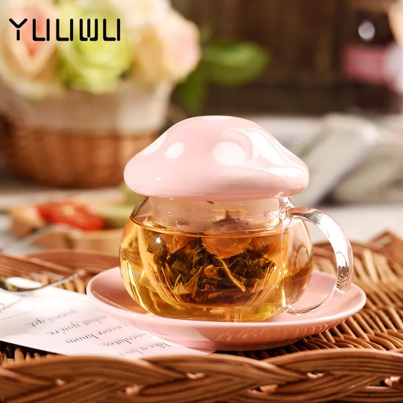 290ml Cute Mushroom Glass Coffee Mug with Ceramic Cup Holder Reheatable  Milk Cup Afternoon Flower Tea Cup with Glass Filter - AliExpress