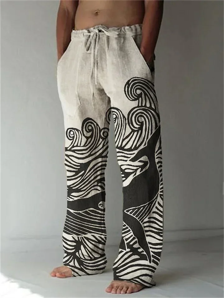 Fashion new simple pattern printed men's casual pants comfortable bamboo linen handsome straight pants loose daily leisure 5